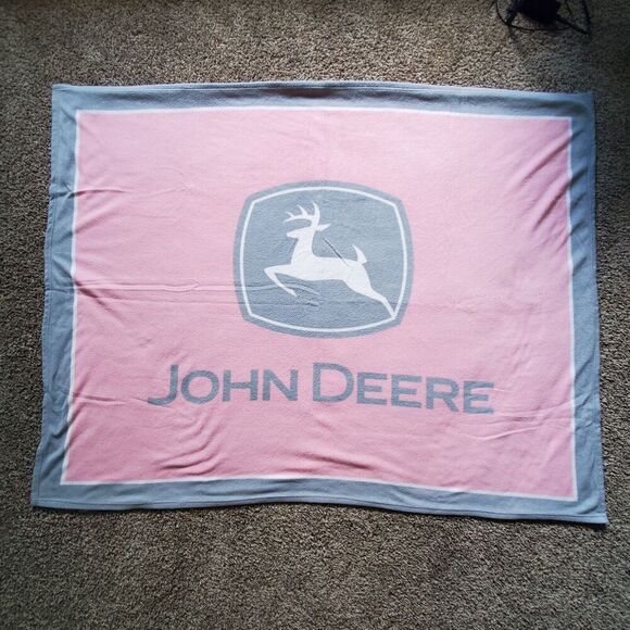 Girls' John Deere Pink Gray Fleece Throw Blanket USA 47” X 63” Big Deer Logo - Picture 1 of 8